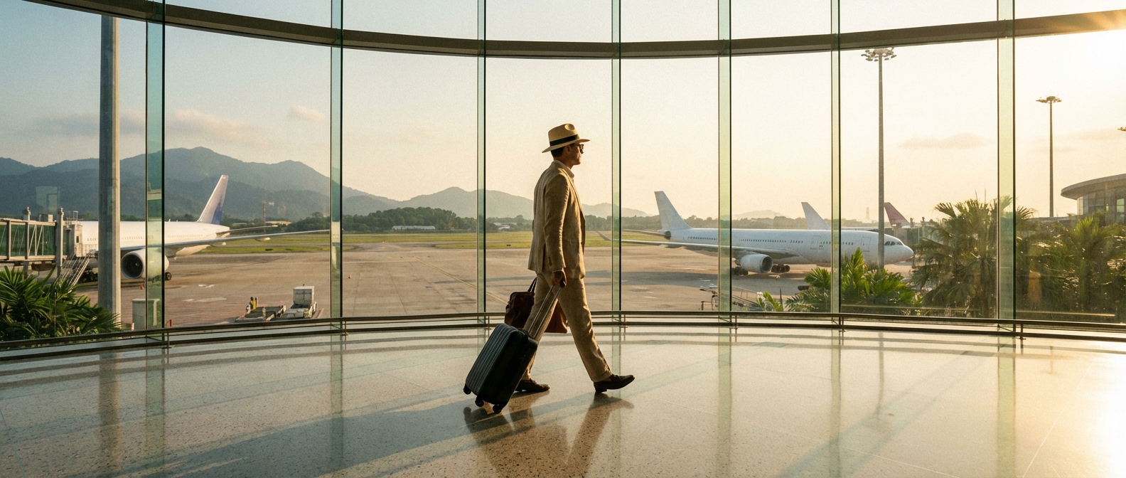 Voyageur avec une valise cabine dans un terminal d'aéroport moderne et lumineux au coucher du soleil