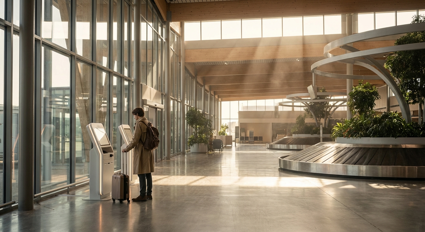 Espace d'enregistrement des bagages spacieux et moderne dans un aéroport international.