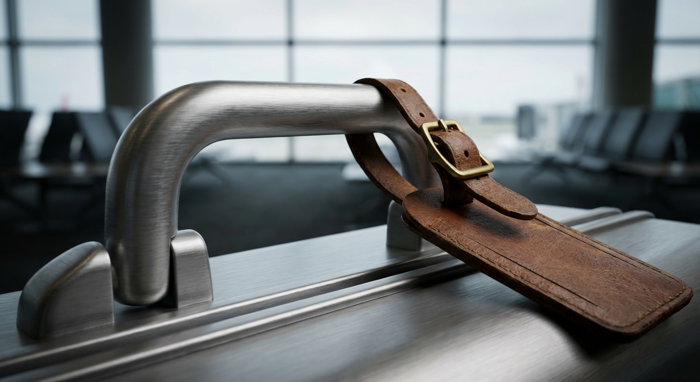 Gros plan iconique d'une valise de luxe prête pour l'enregistrement.