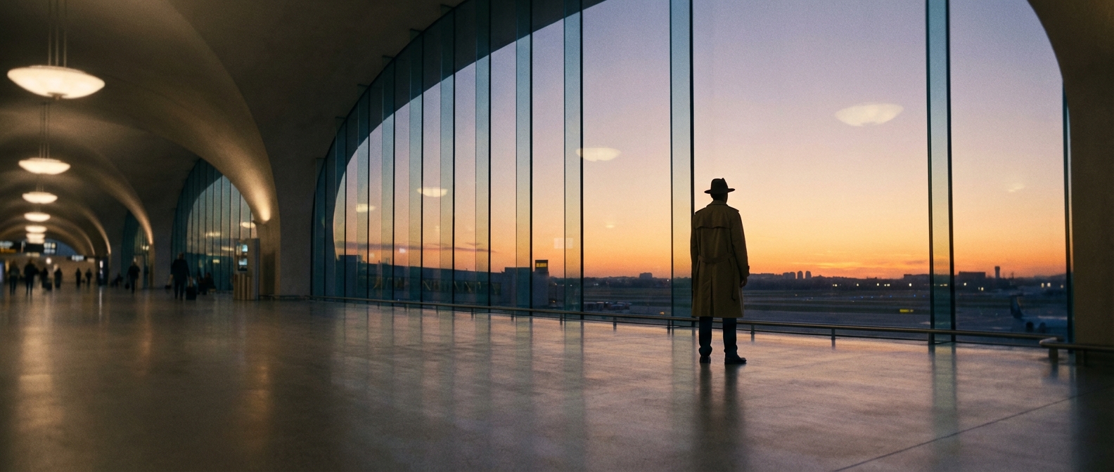 Annulation Megavolotea et liberté de voyage Un voyageur élégant contemplant le ciel depuis un terminal d'aéroport moderne au coucher du soleil