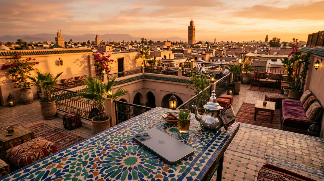 Un smartphone sur une table en mosaïque sur un toit-terrasse à Marrakech au coucher du soleil