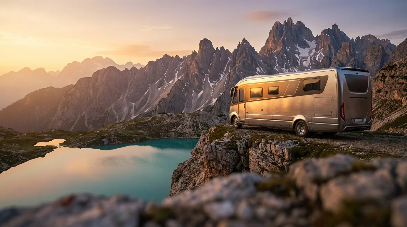 Camping-car de luxe stationné devant un lac alpin au coucher du soleil, symbolisant la sérénité et la sécurité.