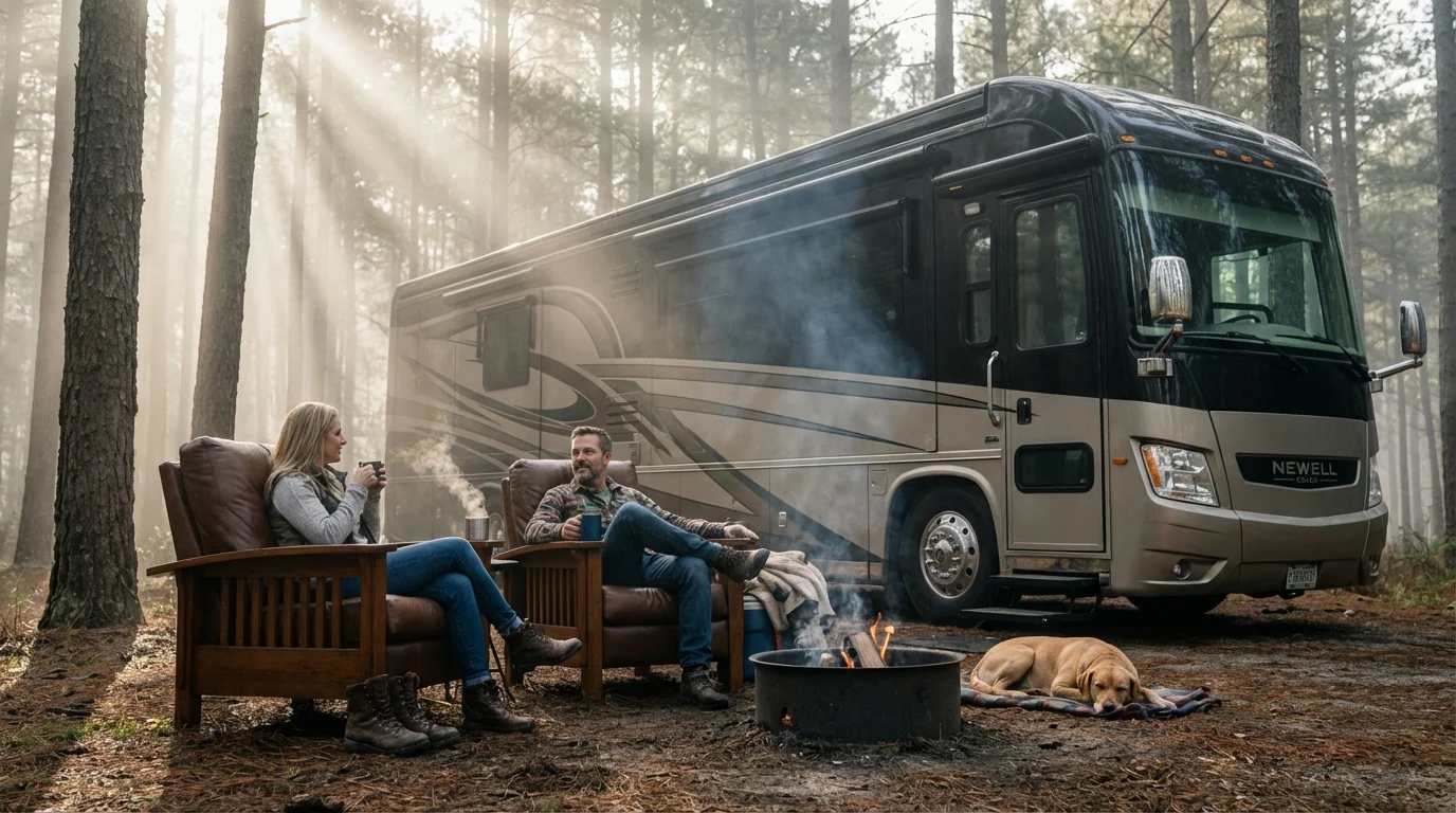 Couple voyageur profitant d'un moment de détente en pleine nature avec leur camping-car protégé.