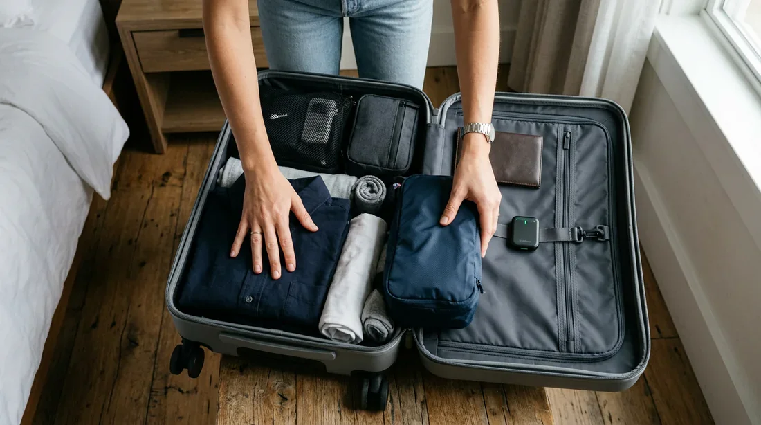 Voyage et technologie : Le bagage moderne Une valise élégante dans un aéroport baigné par la lumière du soleil couchant