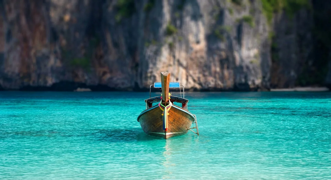 Bateau traditionnel thaïlandais sur les eaux turquoise de Khao Sok.
