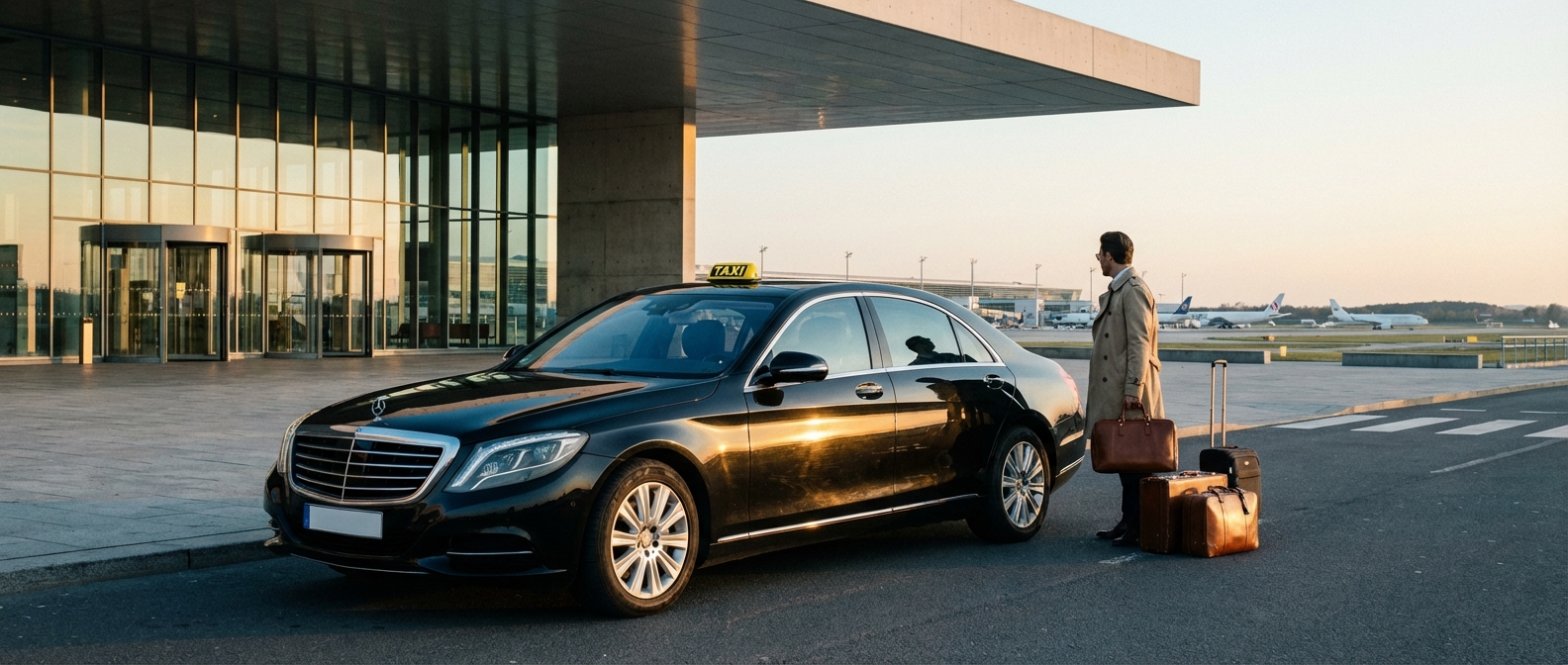 Réservation de taxi gratuit en mode luxe Un taxi de luxe stationné devant un terminal d'aéroport moderne au coucher du soleil pour un voyage premium