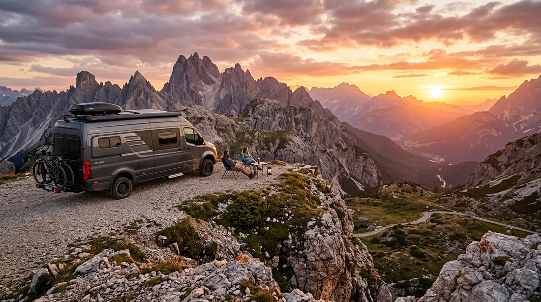 Un camping-car moderne garé face à un paysage de montagne au coucher du soleil