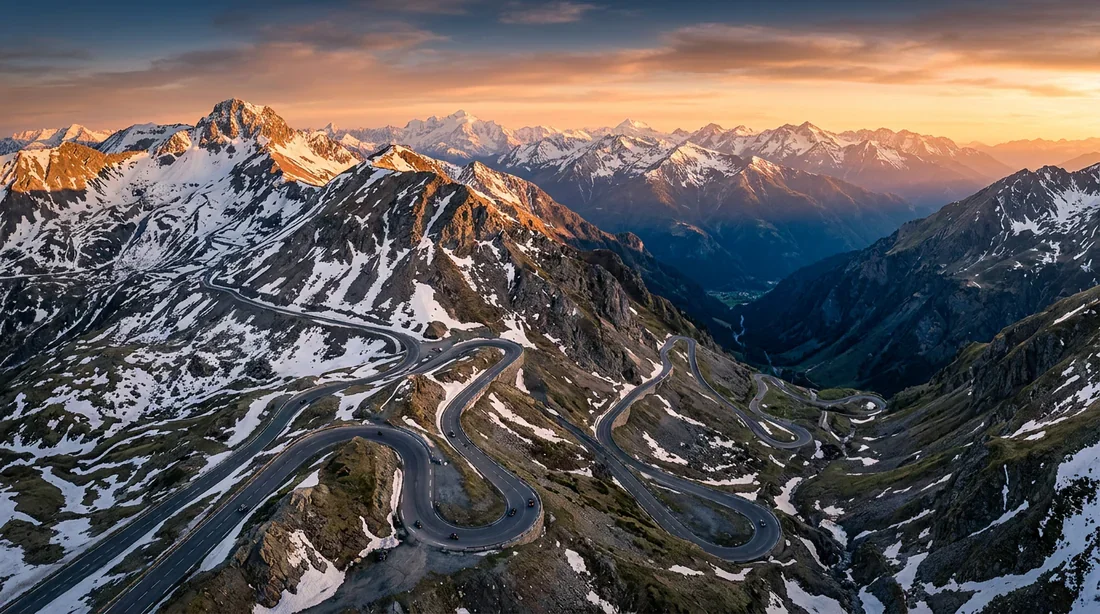 Route de col alpin majestueuse au soleil couchant pour éviter le tunnel de Fréjus