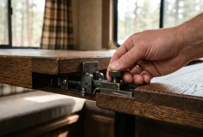 Détail technique du mécanisme de table dans un camping-car