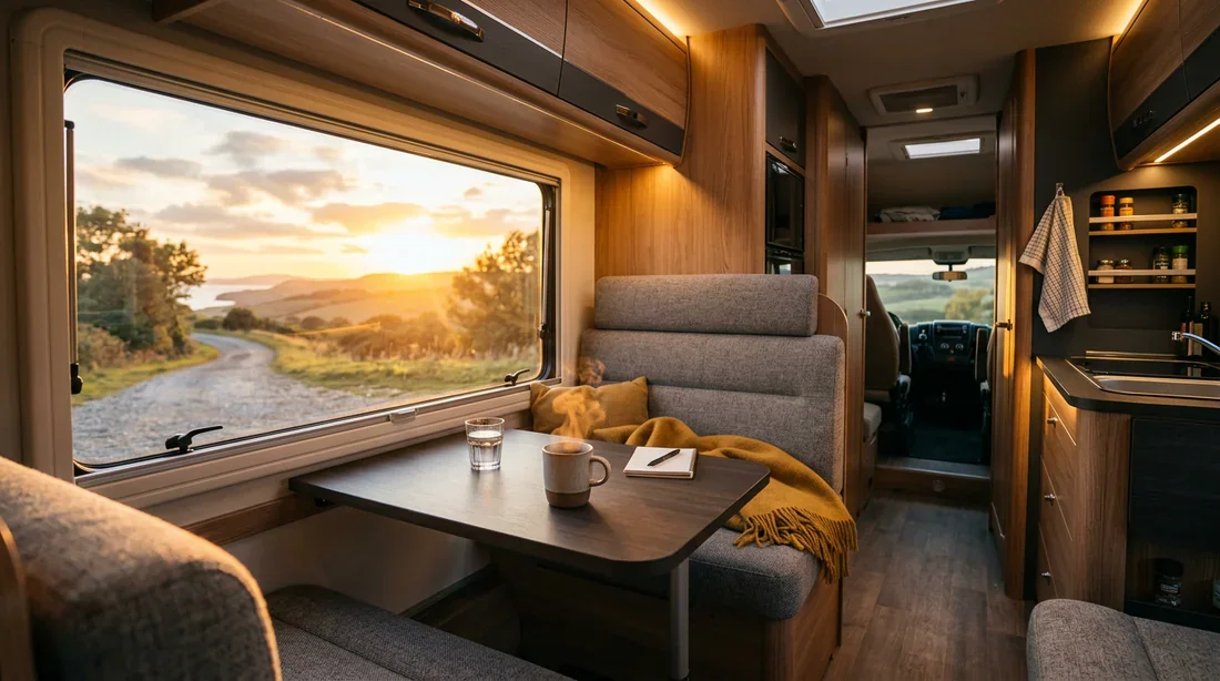 Le confort d'un intérieur Chausson prêt pour la nuit Intérieur luxueux d'un camping-car Chausson baigné de lumière dorée