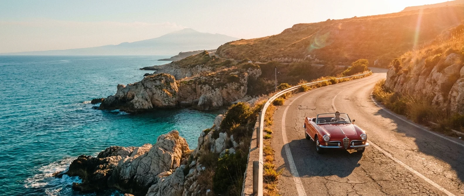 Une voiture vintage circulant sur une route côtière escarpée en Sicile au coucher du soleil