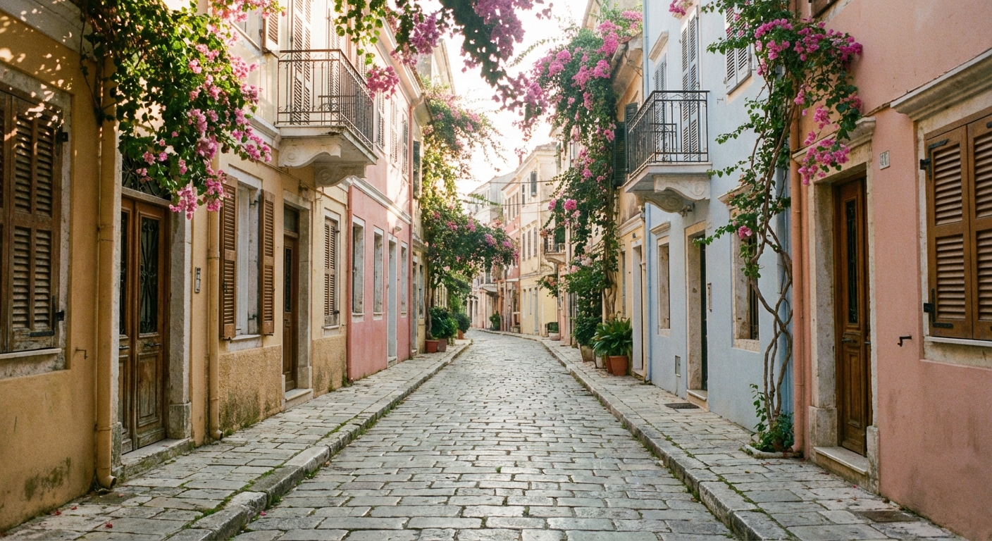 Ruelle pittoresque fleurie dans la vieille ville de Corfou