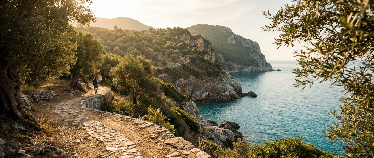 Vue panoramique des sentiers côtiers de Corfou surplombant la mer Ionienne au coucher du soleil
