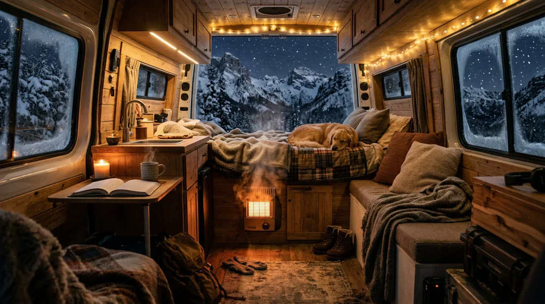 Le confort thermique en camping-car Intérieur chaleureux de camping-car avec vue sur un paysage enneigé pour illustrer le chauffage