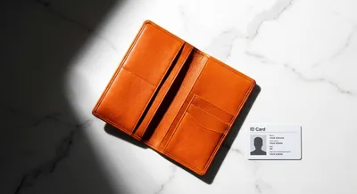 Gros plan minimaliste d'un porte-carte de voyage en cuir haut de gamme sur marbre.