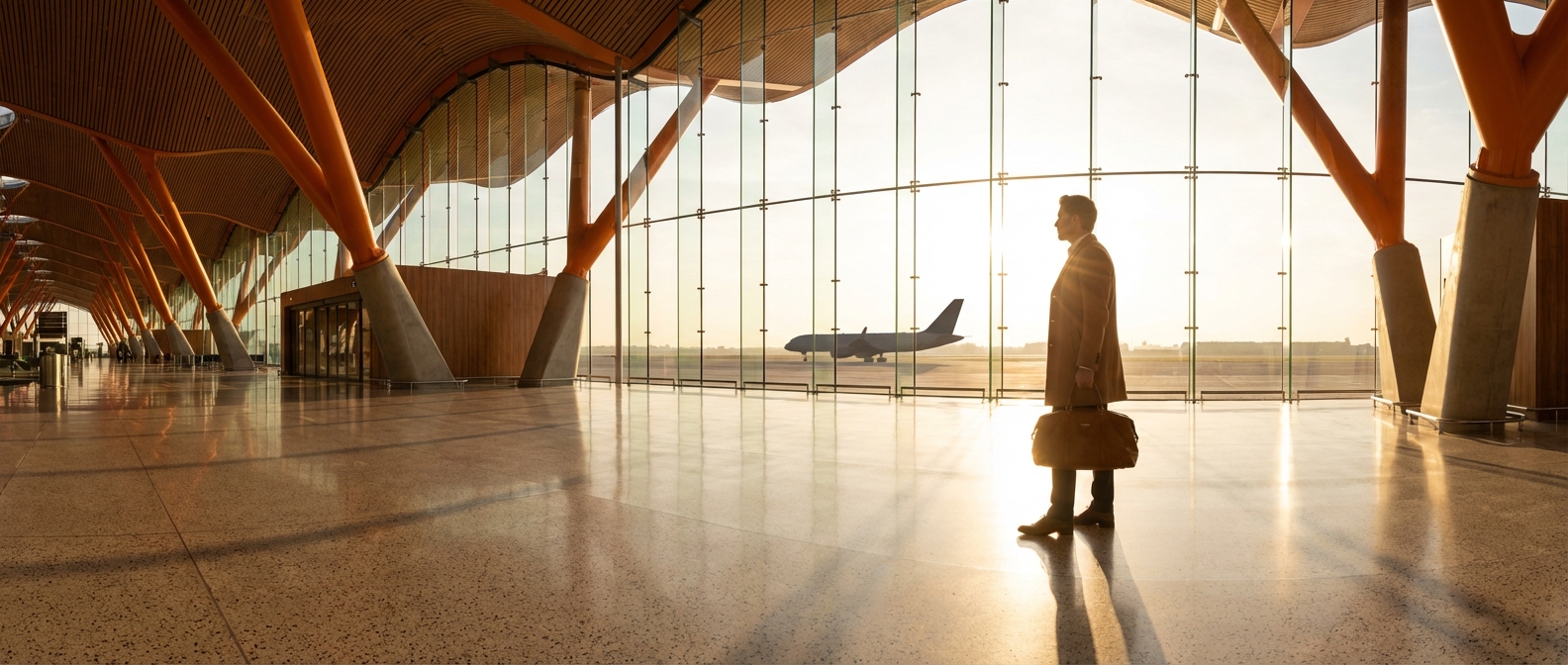 Voyageur élégant dans un terminal d'aéroport baigné de lumière dorée avec une vue sur les pistes.