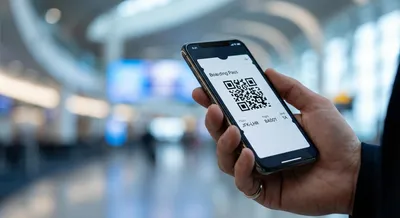 Smartphone affichant un pass d'embarquement numérique dans un aéroport.