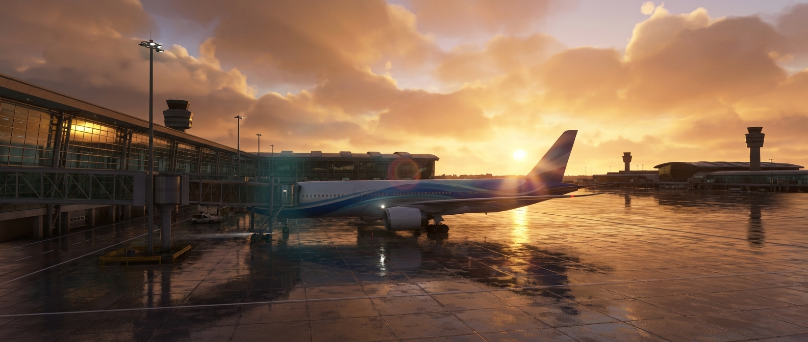 Un avion de ligne moderne au lever du soleil devant un terminal d'aéroport luxueux.