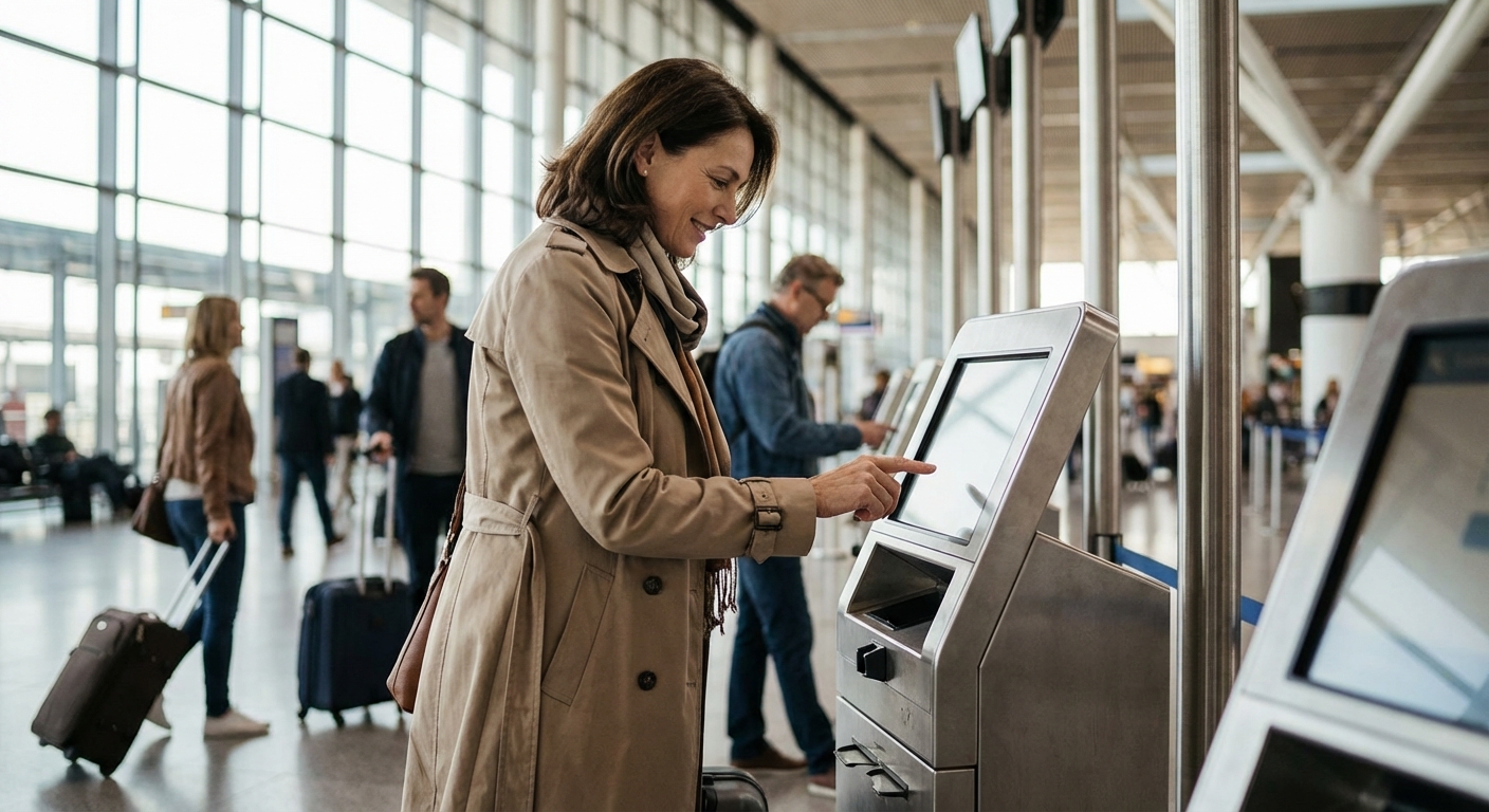 Voyageur utilisant une borne d'enregistrement interactive dans un terminal moderne.