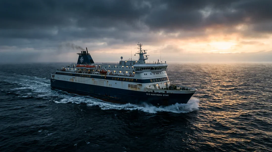 Un grand ferry traversant la mer du Nord sous une lumière matinale spectaculaire