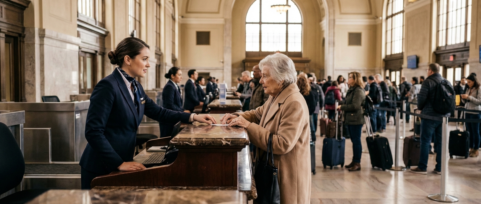 Agent d'escale assistant un voyageur au comptoir d'enregistrement d'un aéroport
