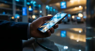 Gros plan d'un smartphone dans un salon d'aéroport moderne