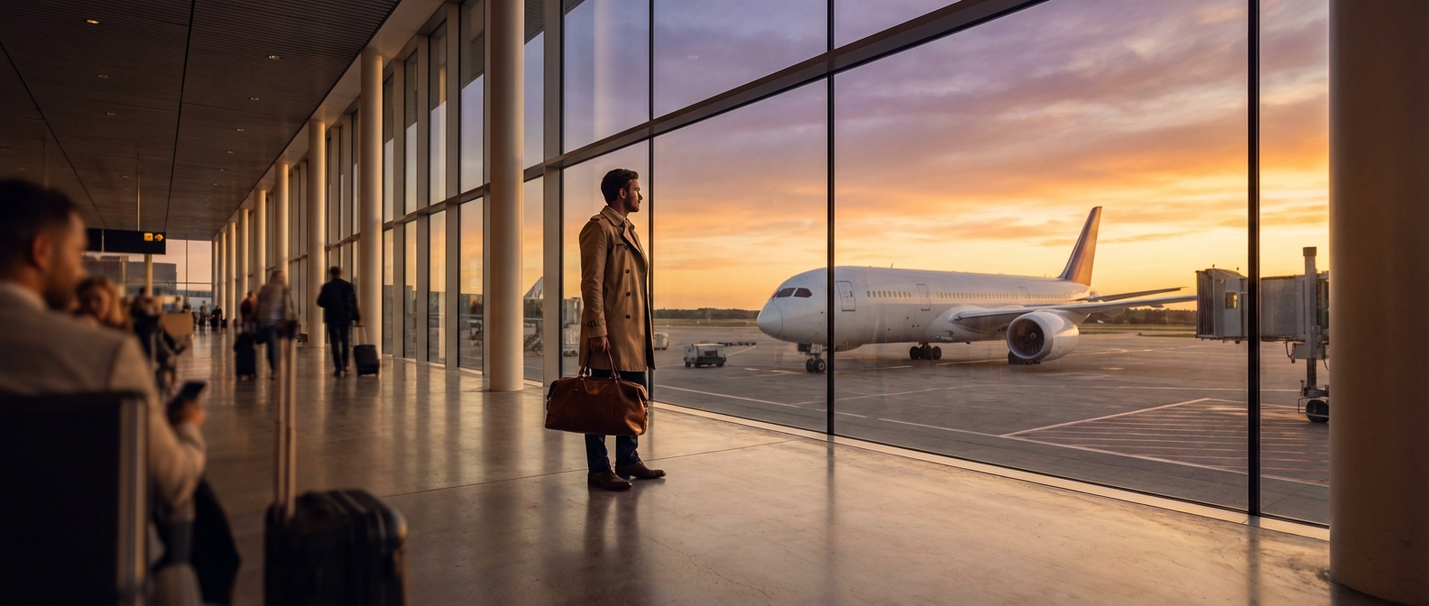 Voyageur élégant dans un terminal d'aéroport moderne face à un avion au coucher du soleil