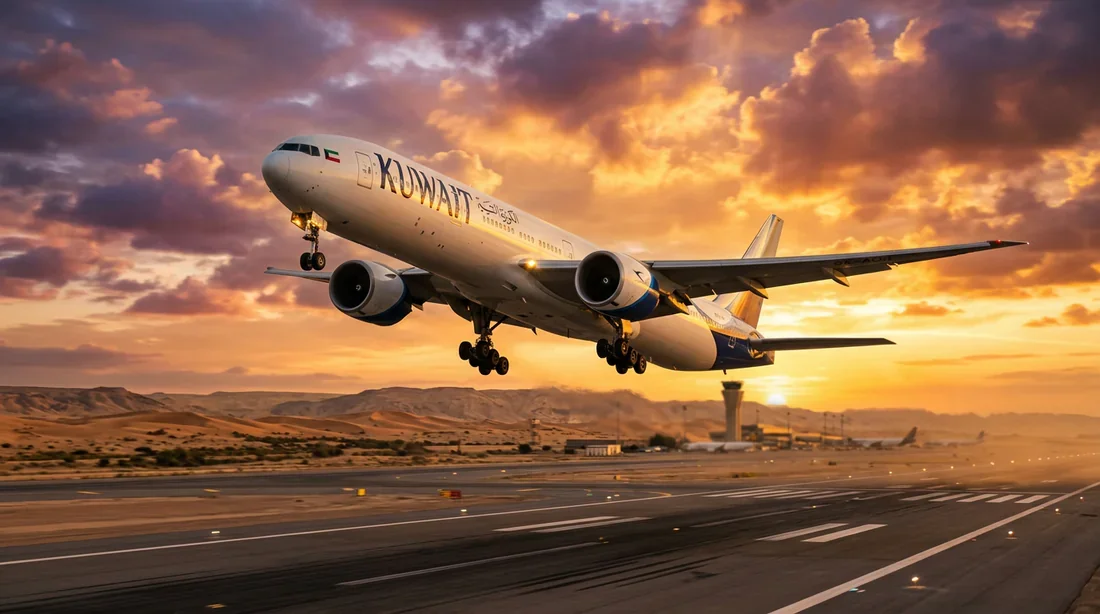 Bannière article Kuwait Airways Avion de Kuwait Airways au décollage au coucher du soleil