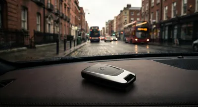 Gros plan d'une clé de voiture moderne sur un tableau de bord en cuir.