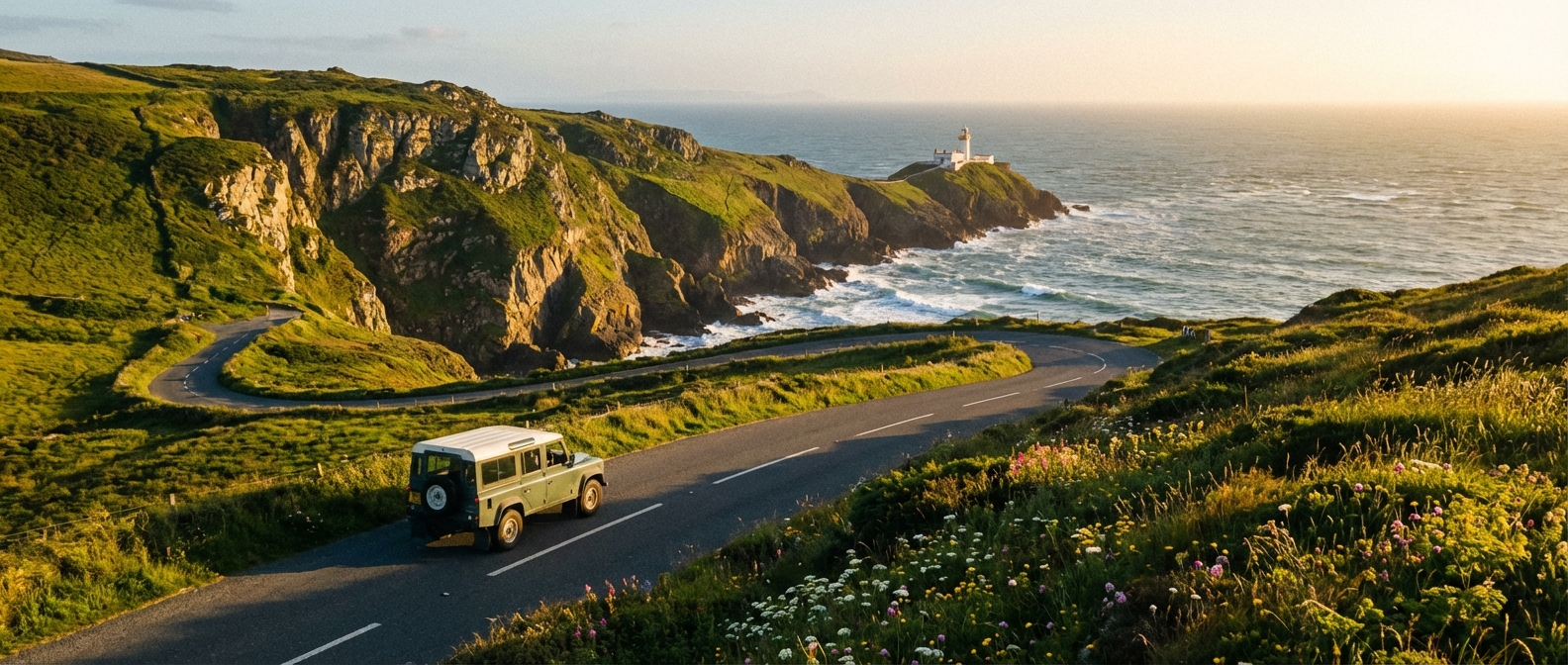 Évasion côtière autour de Dublin avec New Way Une voiture circulant sur les falaises côtières de Howth près de Dublin au coucher du soleil.