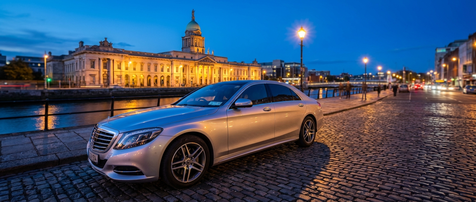 Location de voiture New Way au cœur de Dublin Une voiture de luxe garée devant le Custom House à Dublin à l'heure bleue.