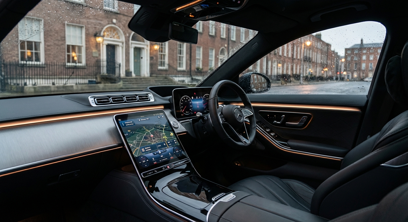 Tableau de bord technologique et intérieur luxueux d'une voiture de location à Dublin.