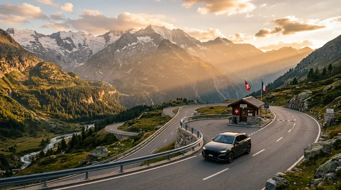 Route de montagne sinueuse dans les Alpes suisses au soleil couchant
