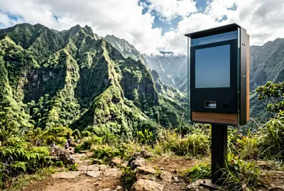 Signalétique minimaliste au col des bœufs sur fond de montagnes luxuriantes
