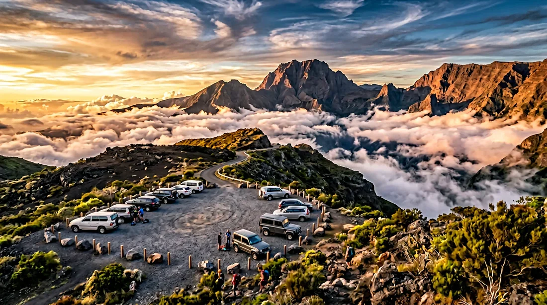 Vue panoramique époustouflante du parking du col des bœufs au lever du soleil dans les montagnes de la Réunion