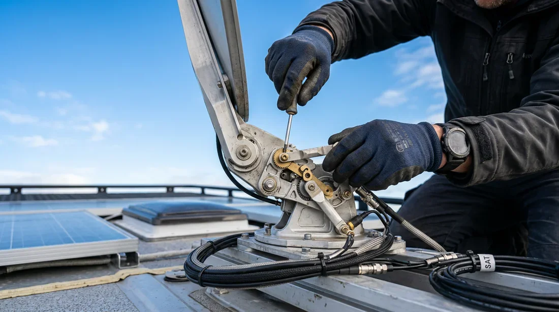 Camping-car face à l'immensité au coucher du soleil Un camping-car moderne stationné face à une vue panoramique montagneuse au coucher du soleil pour illustrer un article technique
