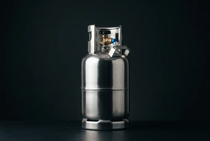 Gros plan minimaliste sur une bouteille de gaz GPL sur fond sombre pour une miniature impactante