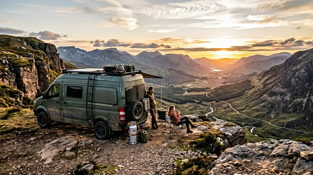 Un van aménagé stationné face à une vue panoramique en montagne au coucher du soleil pour illustrer le voyage et l'autonomie en gaz