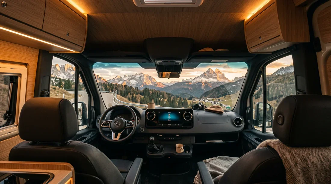 Intérieur luxueux de camping-car avec plafond en bois élégant et vue panoramique sur les montagnes