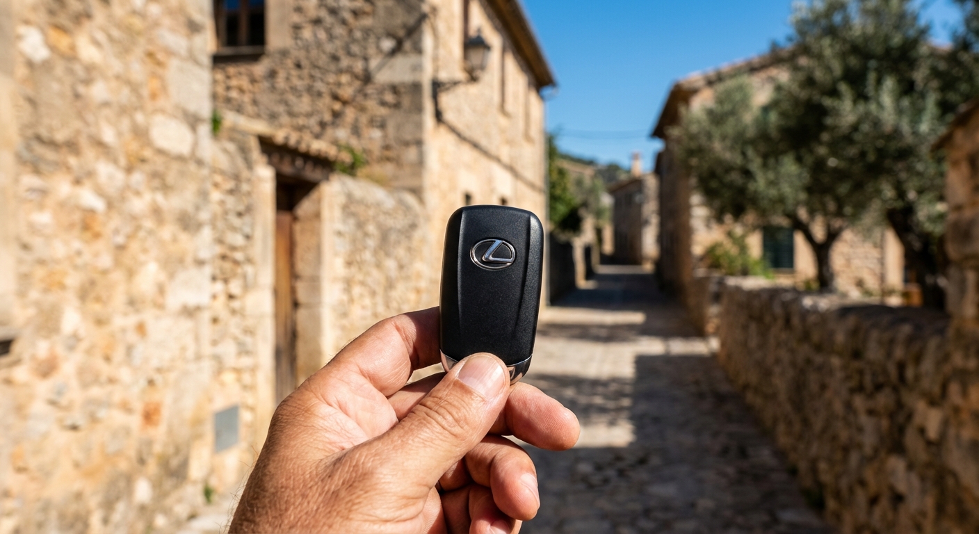 Gros plan sur une clé de voiture devant un village pittoresque majorquin.