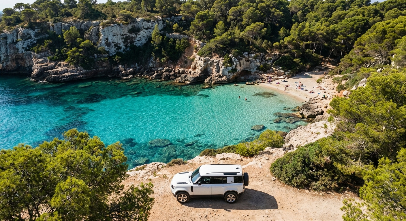 Liberté et exploration des criques de Majorque Un SUV stationné au-dessus d'une crique aux eaux turquoise à Majorque.